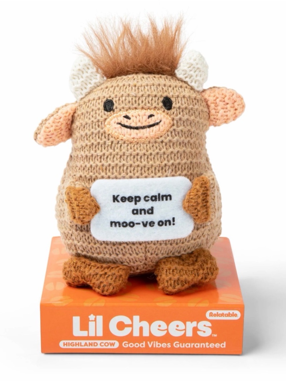 Plush Highland Cow Figurine in Tan & Brown with 'Keep Calm' Sign